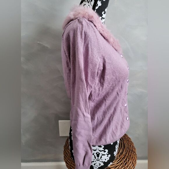 Worthington Lavender Purple faux fur Collar Button Close Cardigan Size L - Picture 8 of 16